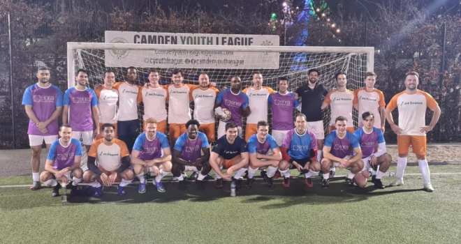 Enra and MT Finance raise £20,000 in Christmas charity football match Enra and MT Finance football teams