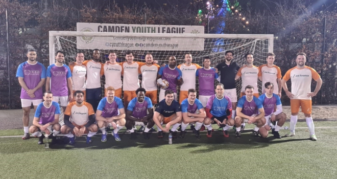 Enra and MT Finance football teams